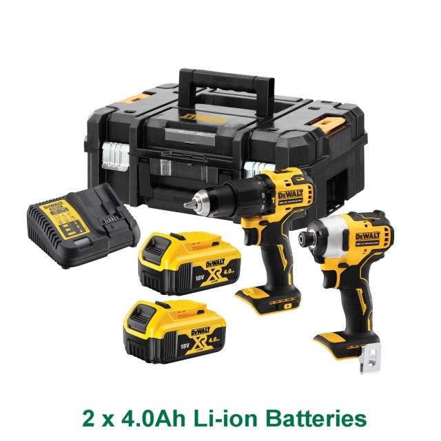 Dewalt DCK2062M2T 18 Volt Brushless Twin Kit; DCD709 XR Brushless Combi Drill; DCF809 XR Brushless Impact Driver; 2 x 4.0Ah Li-ion Batteries; DCB115 XR Charger; TSTAK II Kit Box