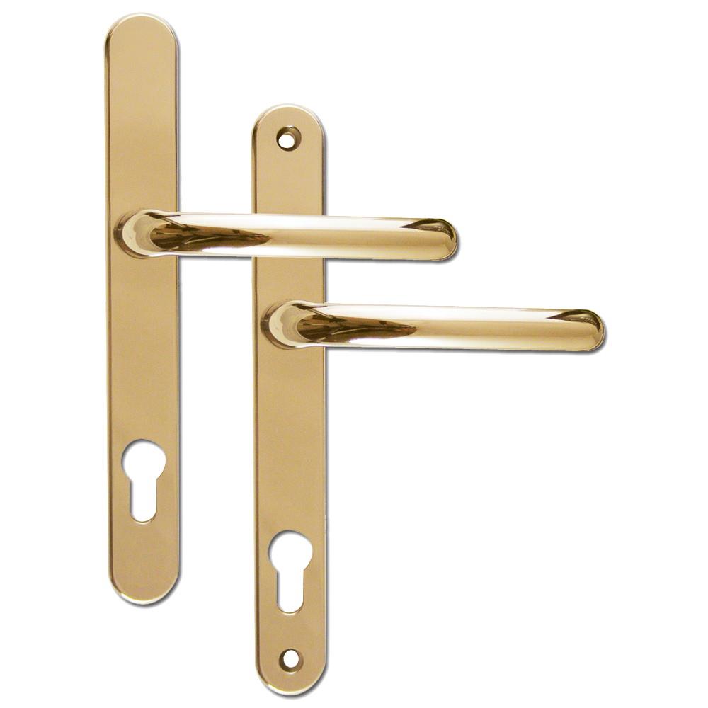 Fab & Fix Balmoral UPVC Door Handles; Sprung; Lever/Lever; 92mm Centres; 8mm Spindle; 243 x 30mm Backplate; 211mm Screw Centres; 120mm Lever; Brass (BR)