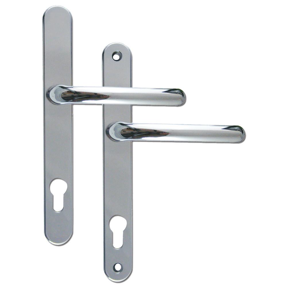 Fab & Fix Balmoral UPVC Door Handles; Sprung; Lever/Lever; 92mm Centres; 8mm Spindle; 243 x 30mm Backplate; 211mm Screw Centres; 120mm Lever; Polished Chrome Plated (CP)