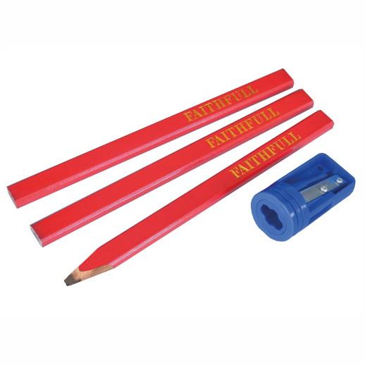 Faithfull CPSHARP Carpenters Pencils; Medium (M); Red (RD); Pack of 3 +Sharpener