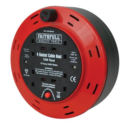 Faithfull CR10M10A Cable Reel Extension Lead; 4 Socket; 10 Amp; 240 Volt; 10 Metre