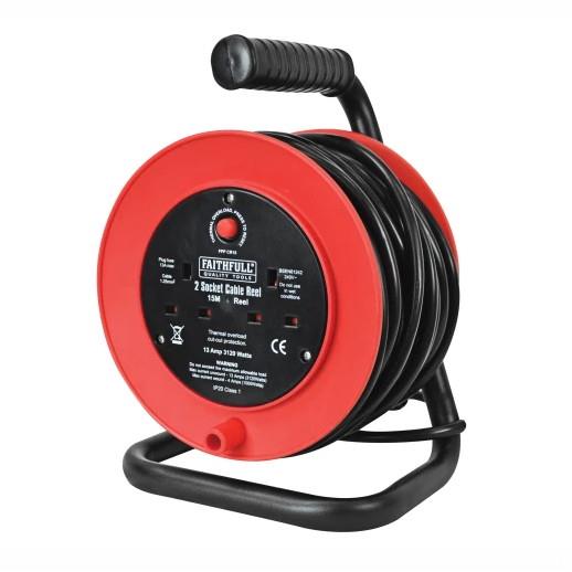 Faithfull FPPCR15 Open Drum Cable Reel; Double Socket; 13 Amp; 240 Volt; 15 Metre