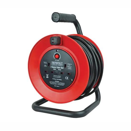 Faithfull FPPCR25M Cable Reel Extension Lead; Heavy Duty; Double Socket; 13 Amp; 240 Volt; 25 Metre