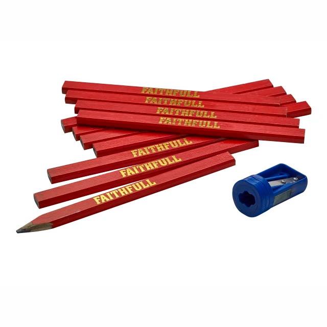 Faithfull CPRKIT Carpenter's Pencil Kit; Red (RD); Pack of 12 + Sharpener + Retractable Pencil Holder