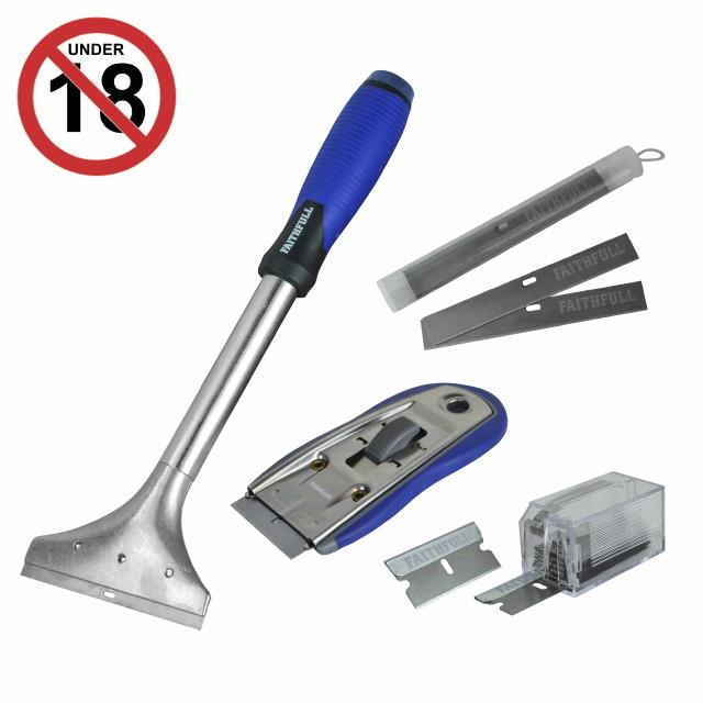 Faithfull FAISCRASET4 Heavy-Duty Long Handled & Razor Blade Scraper Set