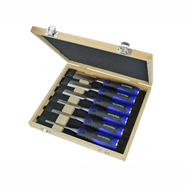 Faithfull WCSGS6WB Bevel Edge Soft Grip Chisel Set; 6; 10; 13; 19; 25 & 32mm; 6 Piece In A Wooden Case