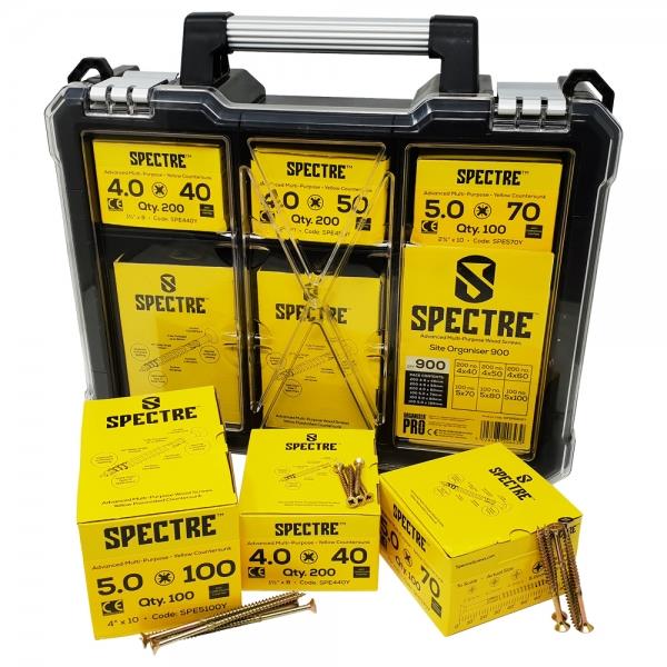 Forgefix OPSPE900Y Screw Assortment; Spectre Advanced Multi-purpose Woodscrews; Organiser Pro; Zinc & Yellow Passivated (ZYP); 900 Piece