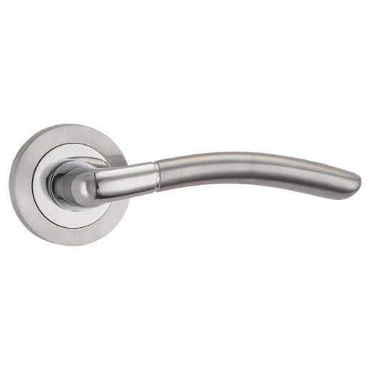 Fortessa FCOAMA-SPC Amalfi Lever Handle On Round Rose Set; 52 x 10mm Rose; 127mm Lever; Satin Chrome Plated/Polished Chrome Plated (SCP)(CP) Mixed Finish