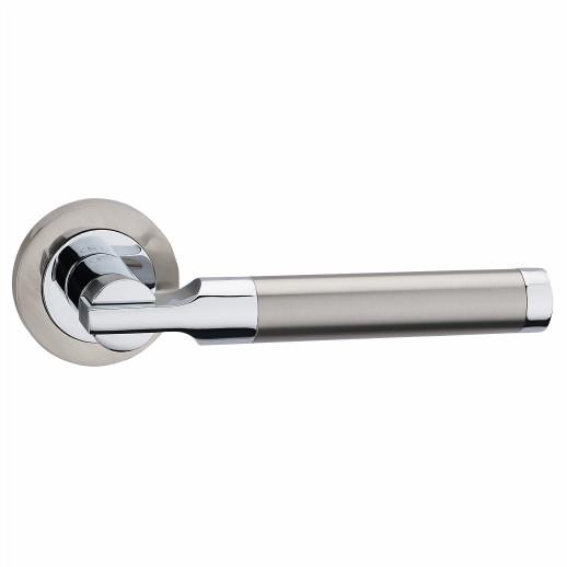 Fortessa FDECAS-SN/NP Castille Lever Handle On Round Rose Set; 55 x 10mm Round Rose; mm Lever; Satin Nickel Plated And Polished Nickel Plated (SNP)(PNP) Mixed Finish
