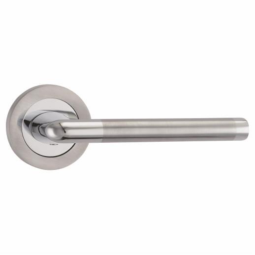 Fortessa FCOFOK-SPC Foko Lever Handle On Round Rose Set; 52 x 10mm Round Rose; 123mm Lever; Satin Chrome Plated/Polished Chrome Plated (SCP)(CP) Mixed Finish