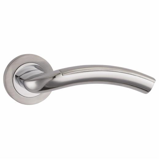 Fortessa FCOMIL-SPC Milan Lever Handle On Round Rose Set; 52 x 10mm Rose; 127.5mm Lever; Satin Chrome Plated/Polished Chrome Plated (SCP)(CP) Mixed Finish
