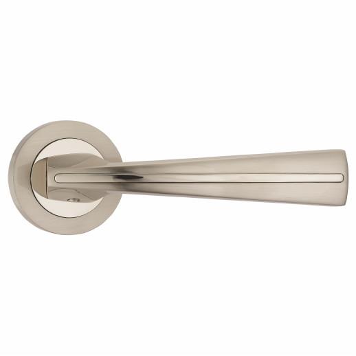 Fortessa FDEMON-SN/NP Monaco Lever Handle On Round Rose Set; 52 x 10mm Round Rose; 133.5mm Lever; Satin Nickel Plated And Polished Nickel Plated (SNP)(PNP) Mixed Finish