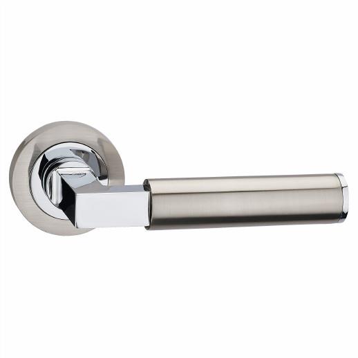 Fortessa FDETOR-SN/NP Torres Lever Handle On Round Rose Set; 55 x 10mm Round Rose; mm Lever; Satin Nickel Plated And Polished Nickel Plated (SNP)(PNP) Mixed Finish