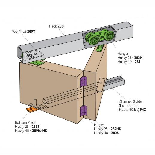 Henderson HF25/12 Husky 25 Folding Door Gear; 25kg Max Per Leaf; 2 Leaves; Track Length 1234mm