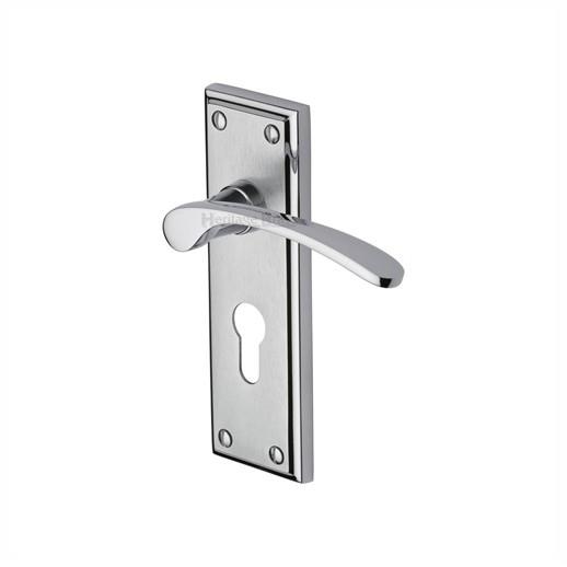Heritage HIL8648-AP Hilton Lever Handle Euro Profile Lock Set; 153 x 49mm Backplate; Apollo Mixed Finish; Polished Chrome Edge And Satin Chrome Face (CP)(SCP)