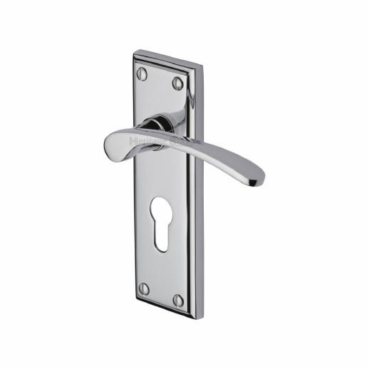 Heritage HIL8648-PC Hilton Lever Handle Euro Profile Lock Set; 153 x 49mm Backplate; Polished Chrome Plated (CP)