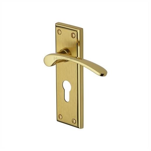 Heritage HIL8648-MF Hilton Lever Handle Euro Profile Lock Set; 153 x 49mm Backplate; Mayfair Mixed Finish; Polished Brass Edge And Satin Brass Face (PB)(SB)
