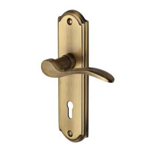 Heritage HOW1300-AT Howard Lever Handle Lock Set; 170 x 48 x 9mm Backplate; 109mm Lever; 53mm Projection; Antique Brass (ABR)