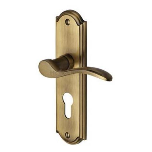 Heritage HOW1348-AT Howard Euro Profile Lever Handle Lock Set; 170 x 48 x 9mm Backplate; 109mm Lever; 53mm Projection; Antique Brass (ABR)