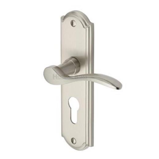 Heritage HOW1348-SN Howard Euro Profile Lever Handle Lock Set; 170 x 48 x 9mm Backplate; 109mm Lever; 53mm Projection; Satin Nickel Plated (SNP)