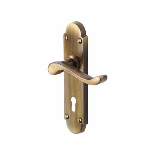 Heritage S600-AT Savoy Victorian Scroll Lever Handle Lock Set; 171 x 42mm Backplate; Antique Brass (ABR)