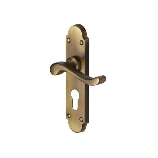 Heritage S607.48-AT Savoy Victorian Scroll Lever Handle Euro Profile Lock Set; 171 x 42mm Backplate; Antique Brass (ABR)