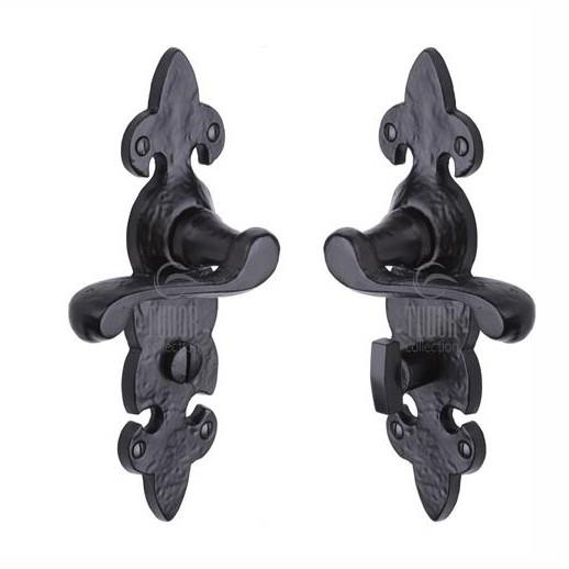 Heritage TC220 The Fleur De Lys Lever Handle Bathroom Set; 205 x 51mm Back Plate; Tudor Collection Antique Black (AB)
