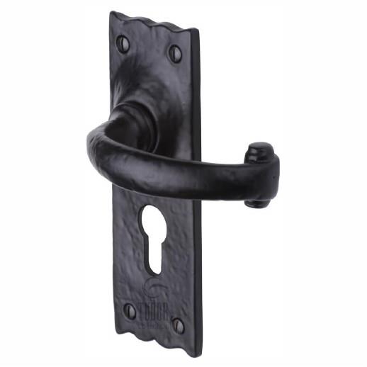 Heritage TC348 The Colonial Lever Handle Euro Profile Set; 155 x 53mm Back Plate; Tudor Collection Antique Black (AB)