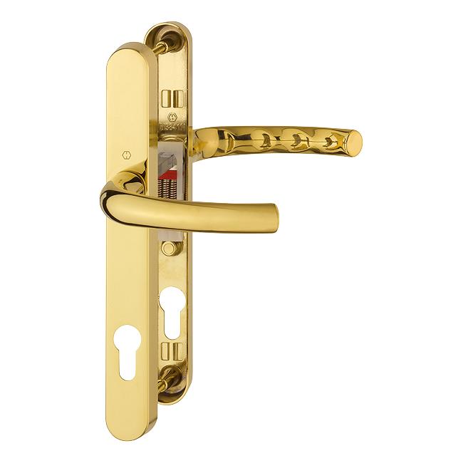 Hoppe 2145967 Tokyo Series PVCu Door Handle Set; Sprung Lever/Lever; 92mm Centres; 245 x 30mm Backplate; 2 Hole Fix; 215mm Screw Centres; M1710RH/3841N; Polished Brass (PB)