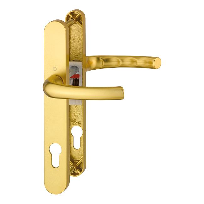 Hoppe 2768689 Tokyo Series PVCu Door Handle Set; Sprung Lever/Lever; 92mm Centres; 241 x 32mm Backplate; 2 Hole Fix; 215mm Screw Centres; 1710RH/3633N/3623N; Gold (GO) (F3)