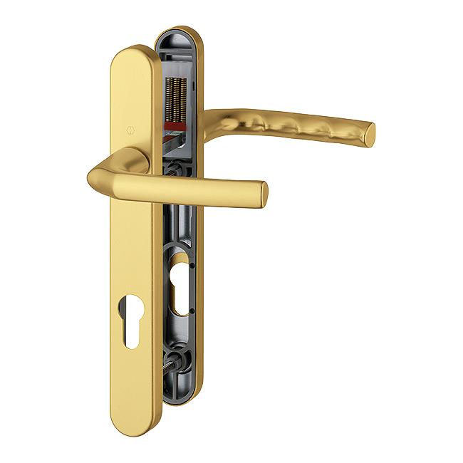 Hoppe 3627044 Birmingham Series PVCu Door Handle Set; Sprung Lever/Lever; 92mm Centres; 245 x 30mm Backplate; 2 Hole Fix; 122mm Screw Centres; 1117/3811N; Gold (GO) (F3)