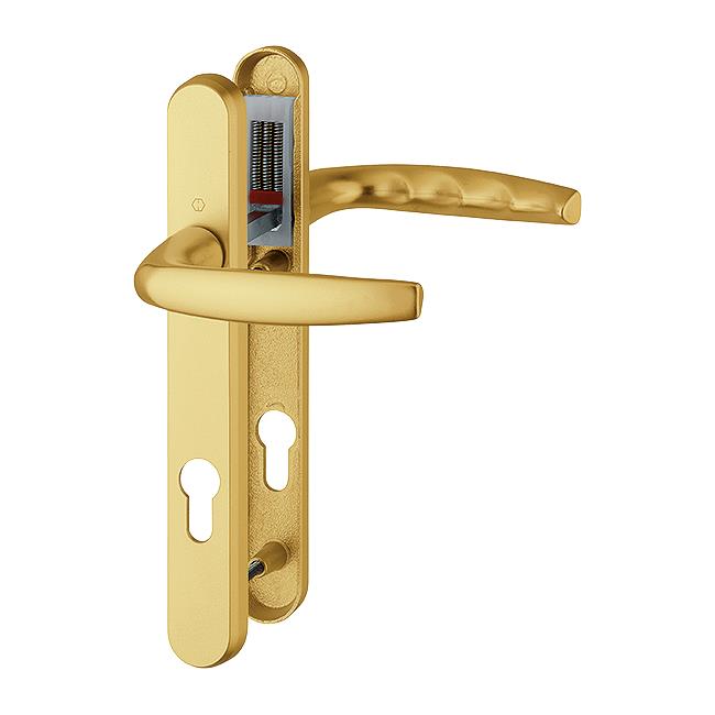 Hoppe 3628258 Atlanta Series PVCu Door Handle Set; Sprung Lever/Lever; 92mm Centres; 242 x 32mm Backplate; 2 Hole Fix; 122mm Screw Centres; 1530/3831N; Gold (GO) (F3)