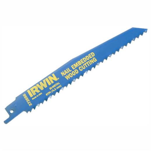 Irwin 10504158 Reciprocating Saw Blades; Nail Embedded Wood Cutting; Bi-Metal; 6 TPI; 225mm; (956R); Pack (5)