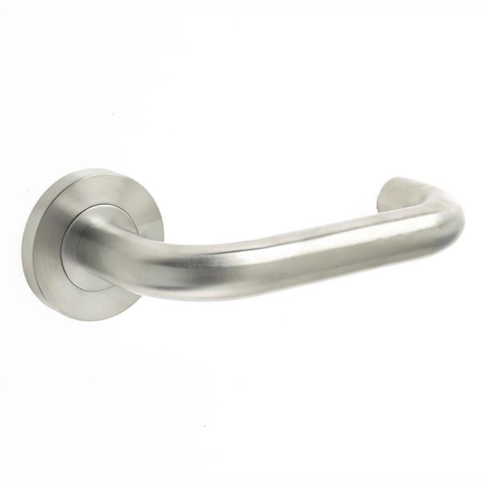 Jedo JSS13 Orbit 19mm Return To Door Lever Handle Set On Sprung Rose; 140mm Lever; 52 x 8mm Rose; Grade 304; Satin Stainless Steel (SSS)