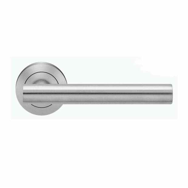 Karcher ER21-OS71 Manhattan Lever Handle On Rose Set; 3 Piece Sprung 52 x 10mm Rose; Satin Stainless Steel (SSS)