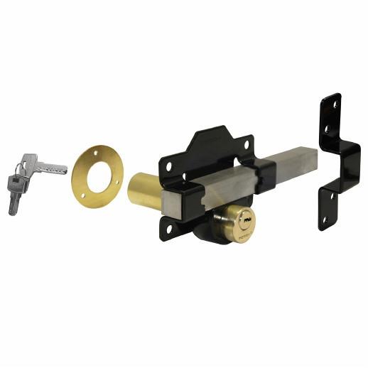 1127 Double Locking Long Throw Rimlock Bolt; 70mm Door; Brass Cylinders; Stainless Steel Bolt; Black (BK); Keyed Alike (KA)