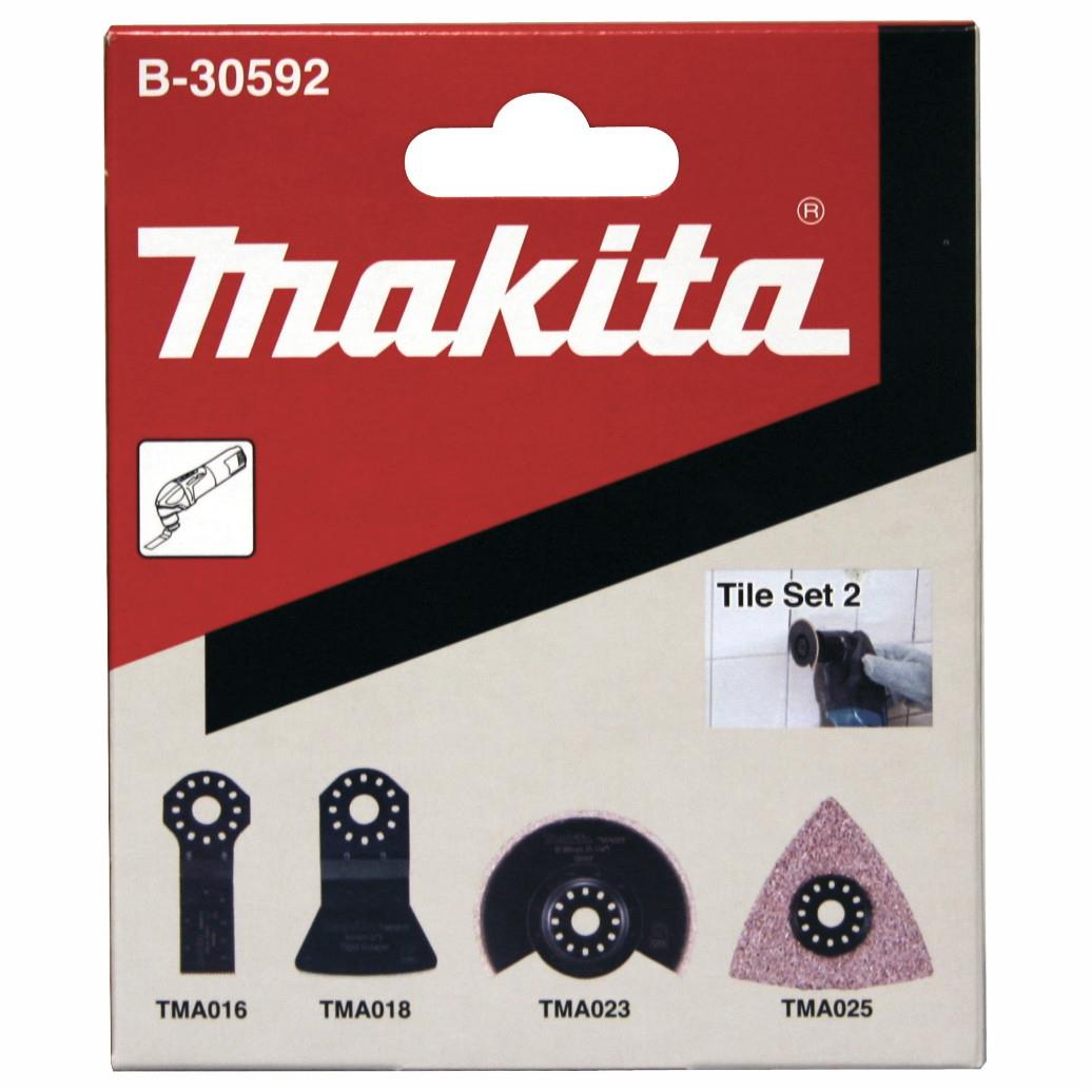 Makita B-30592 Tile Set 2; Including Bi Metal Plunge Cut Blade 20T; HM Segmented Saw Blade 85T; HM Sanding Plate 78mm And Scraper 52mm Rigid