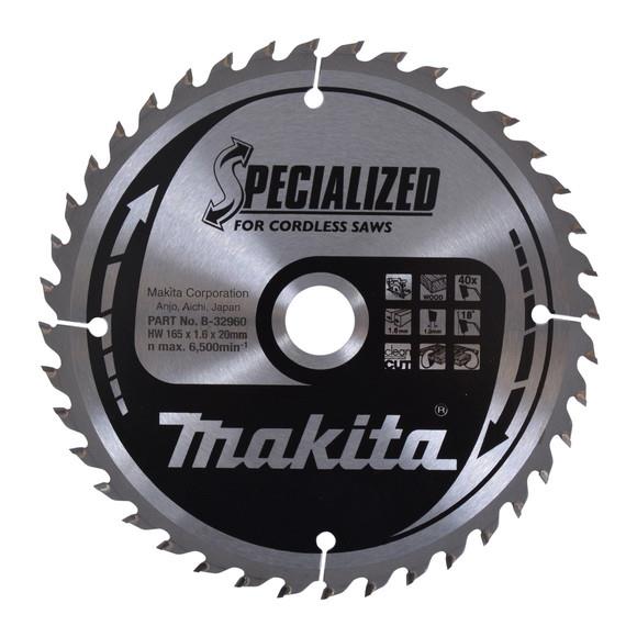 Makita B-32960 Specialized Circular Saw Blade For Cordless Machines; 1.6mm Kerf; 165mm x 40 Teeth; 20mm Bore