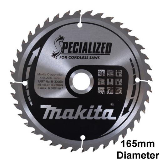 Makita B-32960 Specialized Circular Saw Blade For Cordless Machines; 1.6mm Kerf; 165mm x 40 Teeth; 20mm Bore