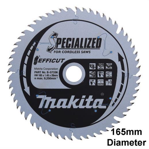 Makita B-57336 Specialized Cordless Circular Saw Blade Efficut; Wood Cut; 165mm; 1.45mm Kerf; 56 Teeth; 20mm Bore For DSP600