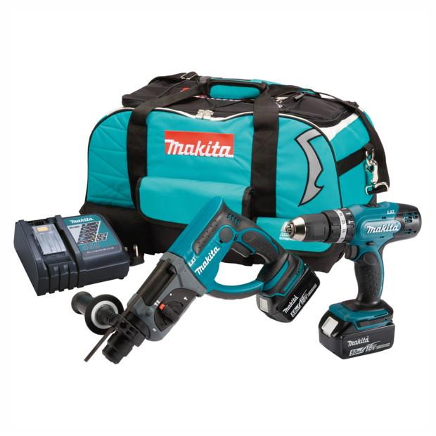 Makita DLX2025T 2 Piece 18 Volt LXT Kit; 2 Speed Combi Drill/Driver (DHP453); SDS Drill (DHR202); Complete With 2 x 5.0Ah Li-ion Batteries; Charger & Heavy Duty Bag