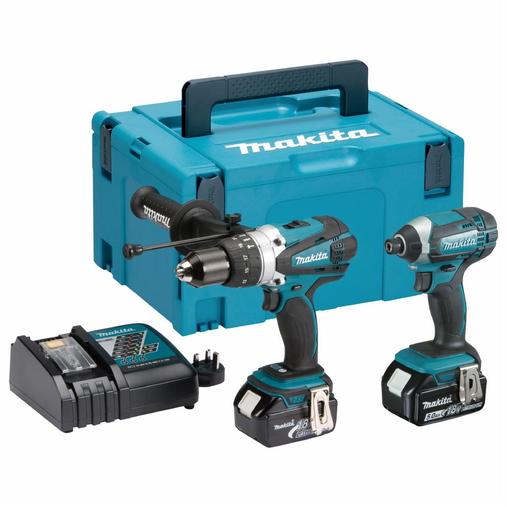 Makita DLX2145TJ 2 Piece 18 Volt LXT Kit; Includes Combi Drill (DHP458Z) & Impact Driver (DTD152Z); Complete With 2 x 5.0Ah Li-Ion Batteries; Charger And Makpac Case