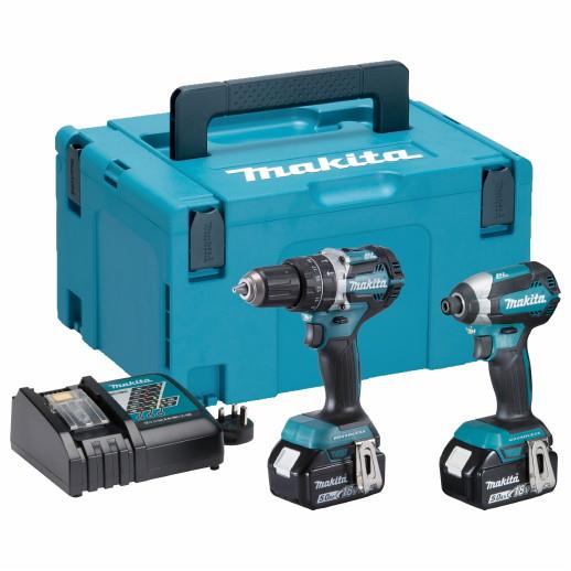 Makita DLX2180TJ 2 Piece Brushless 18 Volt LXT Kit; Combi Drill (DHP484Z ) & Impact Driver (DTD153Z); Charger; 2 x 5.0.Ah Batteries; MakPac Case