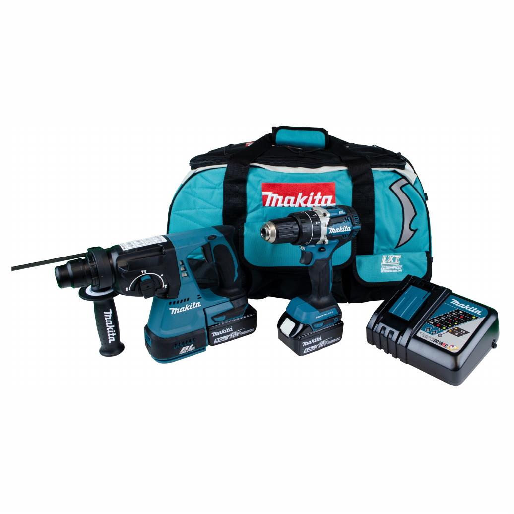 Makita DLX2204TX3 2 Piece 18V LXT Kit; Includes Brushless Combi Drill (DHP484Z); Brushless SDS+ Rotary Hammer (DHR242Z); Complete With 2 x 5.0Ah Li-Ion Batteries; Charger & Bag