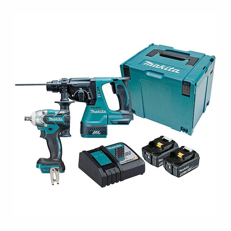 Makita DLX2268TJ 2 Piece 18 Volt LXT Kit; Includes Impact Wrench (DTW285Z); Rotary Hammer Drill (DHR242Z); Complete With 2 x 5.0Ah Li-Ion Batteries; Charger And Makpac Case; Brushless