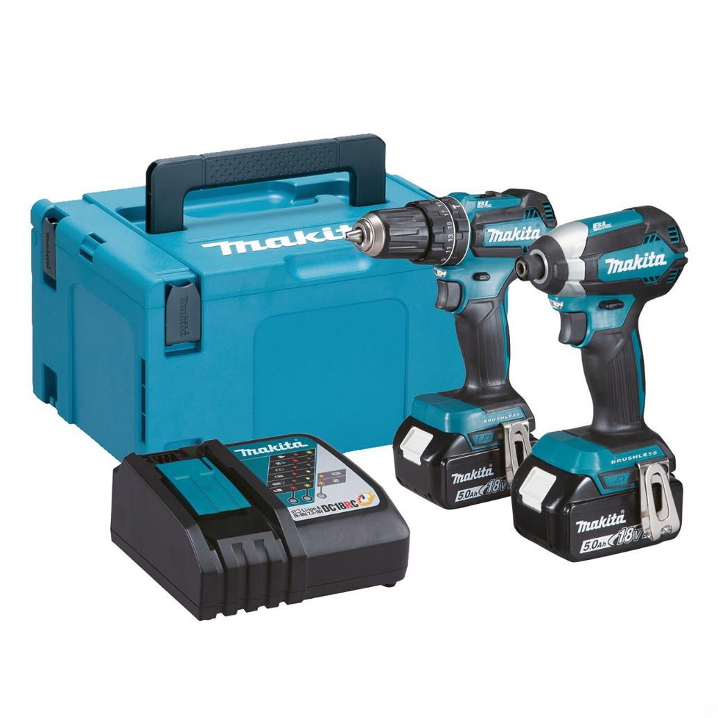 Makita DLX2283TJ 2 Piece 18V LXT Kit; Includes Brushless Combi Drill (DHP485Z); Impact Driver (DTD153Z); Charger (DC18RC) 2 x 5.0Ah Li-Ion Batteries; Makpac Case