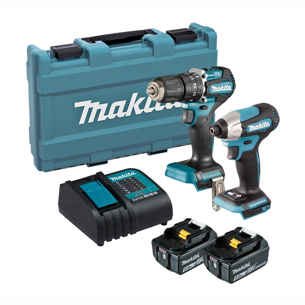 Makita DLX2414ST 2 Piece 18V LXT Kit; Includes Brushless Combi Drill (DHP487Z); Impact Driver (DTD157Z); Charger (DC81SD); 2 x 5.0Ah Li-Ion Batteries