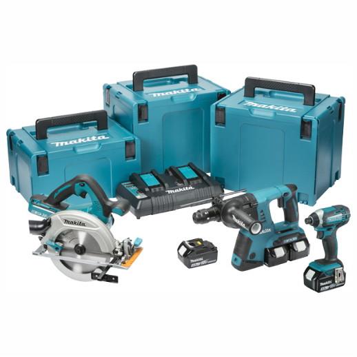 Makita DLX3049PTJ 3 Piece 18 Volt LXT Kit; Includes Rotary Hammer Drill (DHR264) 190mm Circular Saw (DHS710) & Impact Driver (DTD152); 4 x 5.0Ah Li-Ion Batteries; Twin Charger; 3 Makpac Cases