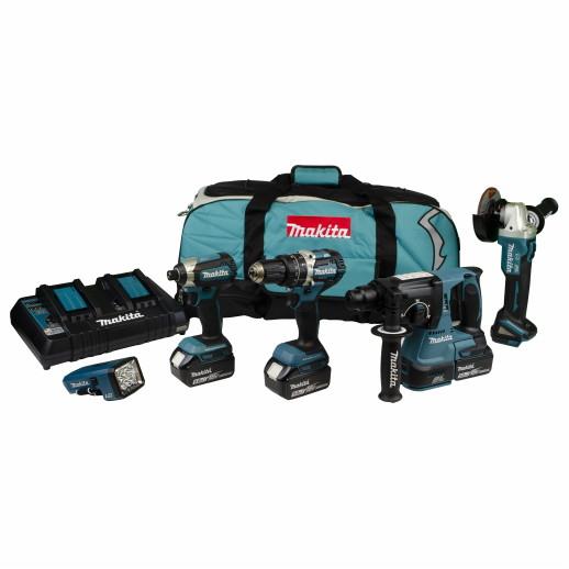 Makita DLX5042PT 5 Piece Brushless 18 Volt Kit; DHP484Z; DTD153Z; DHR242Z; DGA456Z; DML186; 3 x 5.0 Ah Li-ion Batteries; Dual Port Charger And Kit Bag