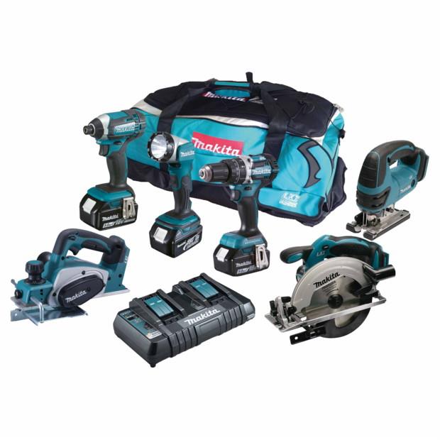 Makita DLX6067PT 6 Piece Kit; 18 Volt; DHP458Z; DTD152Z; DSS611Z; DKP180Z; DJV180Z; DML802; 3 x 5.0 Ah Li-ion Batts; Twin Port Charger; Kit Bag